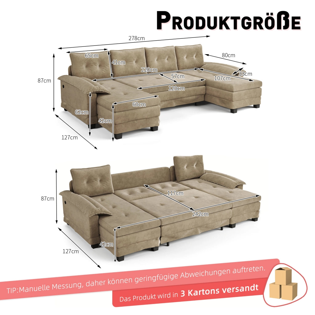 Divano letto panoramico a U modulare in chenille color cammello con letto estraibile; USB e 4 cuscini schienale