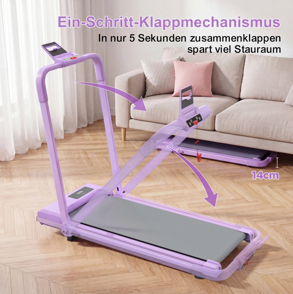 Tapis roulant pieghevole 3 in 1 con inclinazione 10%, portata 120 kg, viola