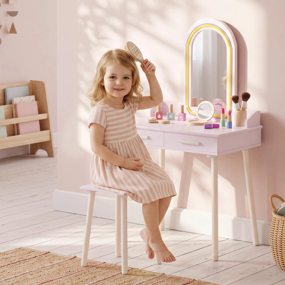 Toletta per bambini 2 in 1 con specchio LED rosa, tavolo da trucco con luci a 3 colori e cassetti, pratica per cameretta