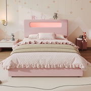 Letto imbottito per bambini 140 × 200 cm con quattro cassetti laterali testiera contenitore in velluto rosa LED app