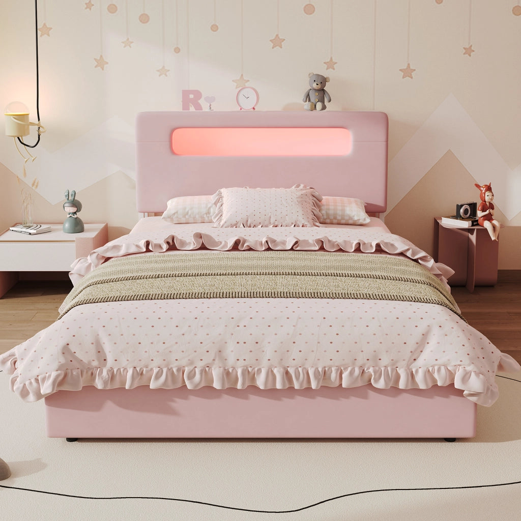 Letto imbottito per bambini 140 × 200 cm con quattro cassetti laterali testiera contenitore in velluto rosa LED app