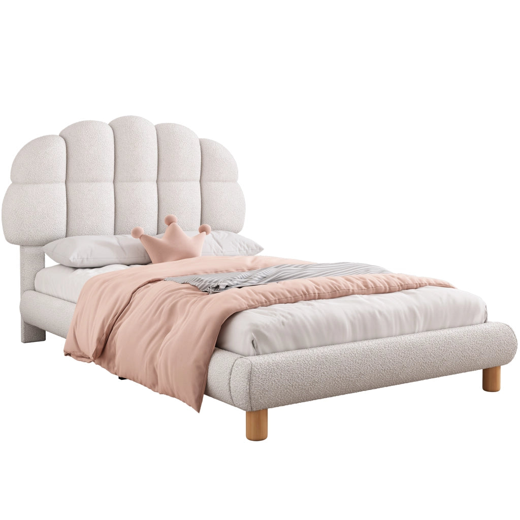 Letto singolo imbottito 90 × 200 cm in bouclé bianco con testiera regolabile e rete a doghe