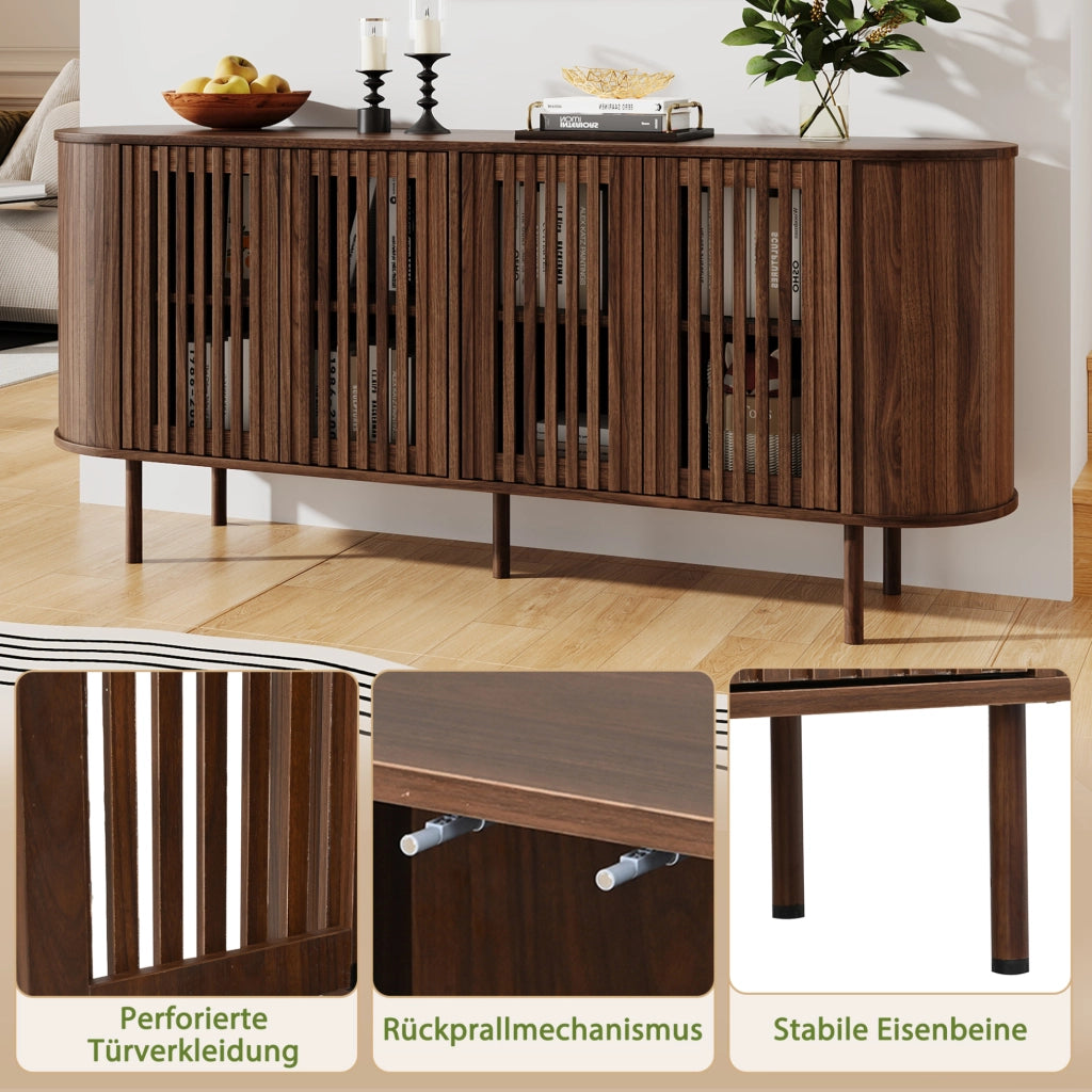Credenza 160x40x70 cm in MDF con 4 ante scorrevoli traforate e ripiani regolabili; noce