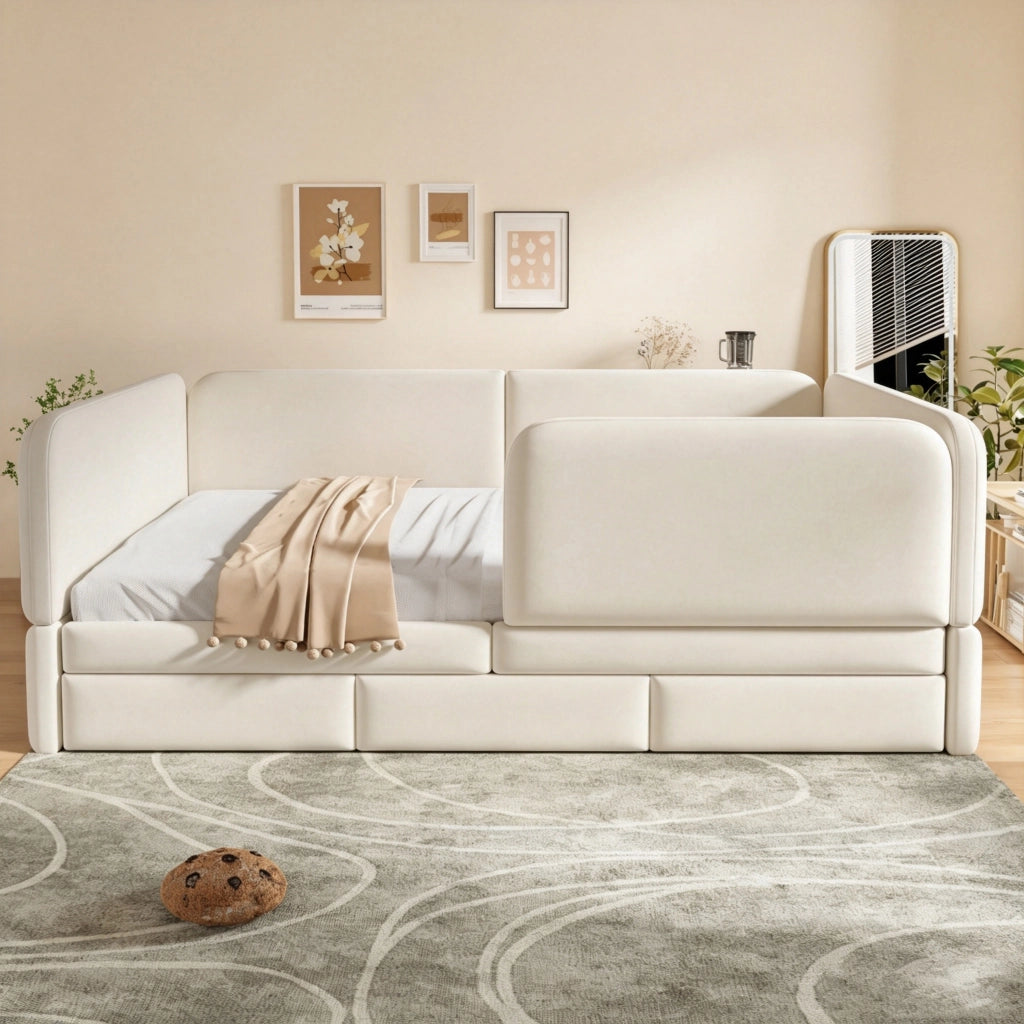 Letto per bambini imbottito 140 × 200 cm in velluto beige con bordi arrotondati e tre cassetti