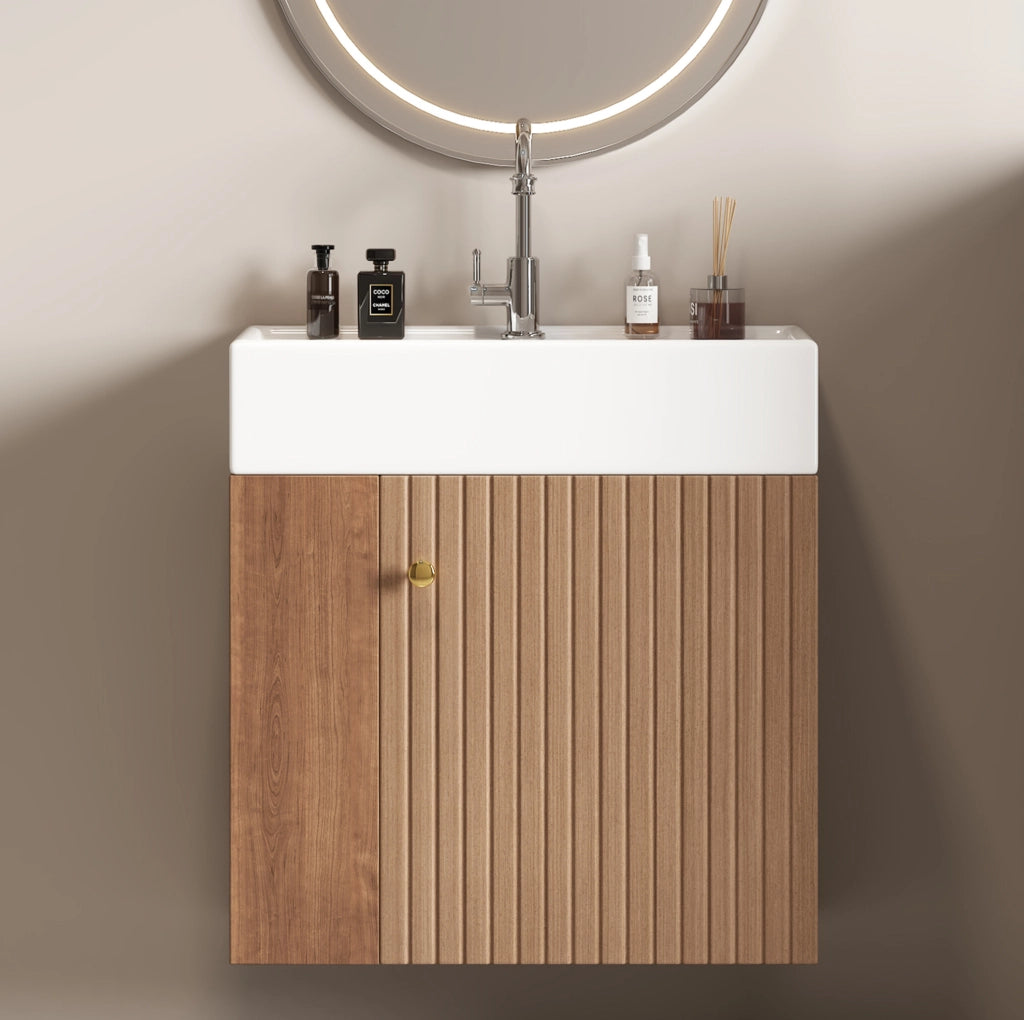Mobile bagno sospeso con lavabo in ceramica bianco lucido 55 cm, armadietto compatto con maniglia in metallo