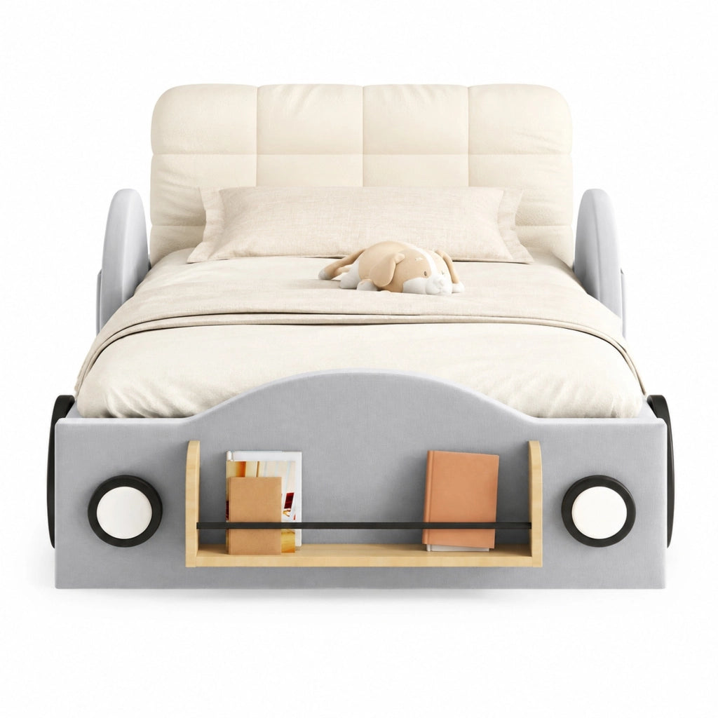 Letto imbottito 90 × 200 cm con contenitore idraulico; flanella grigia e tasche laterali
