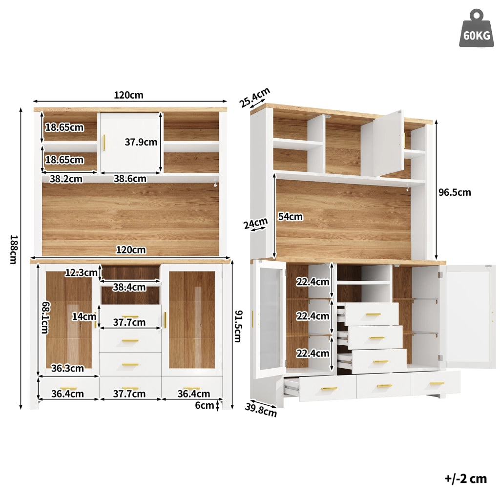 Credenza con illuminazione LED controllabile tramite app in MDF e vetro bianca effetto legno con sistema antiribaltamento