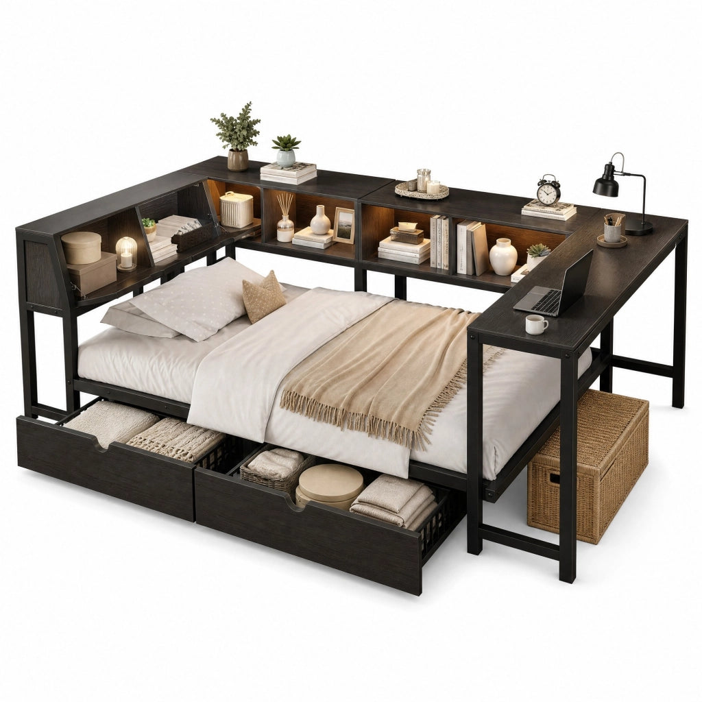 Letto singolo 90 x 200 cm nero con scrivania, cassetti e luce a più colori