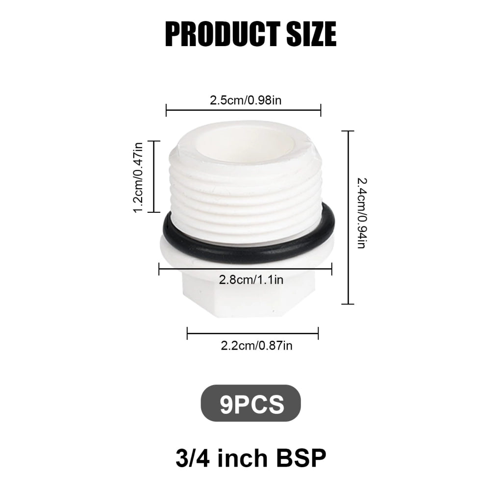 Set di 9 tappi ciechi da 3/4 di pollice con filettatura esterna, realizzati in plastica e dotati di guarnizione