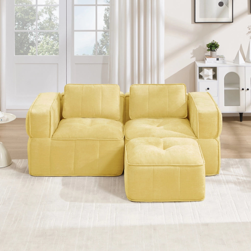 Divano modulare giallo a due posti con pouf in poliestere