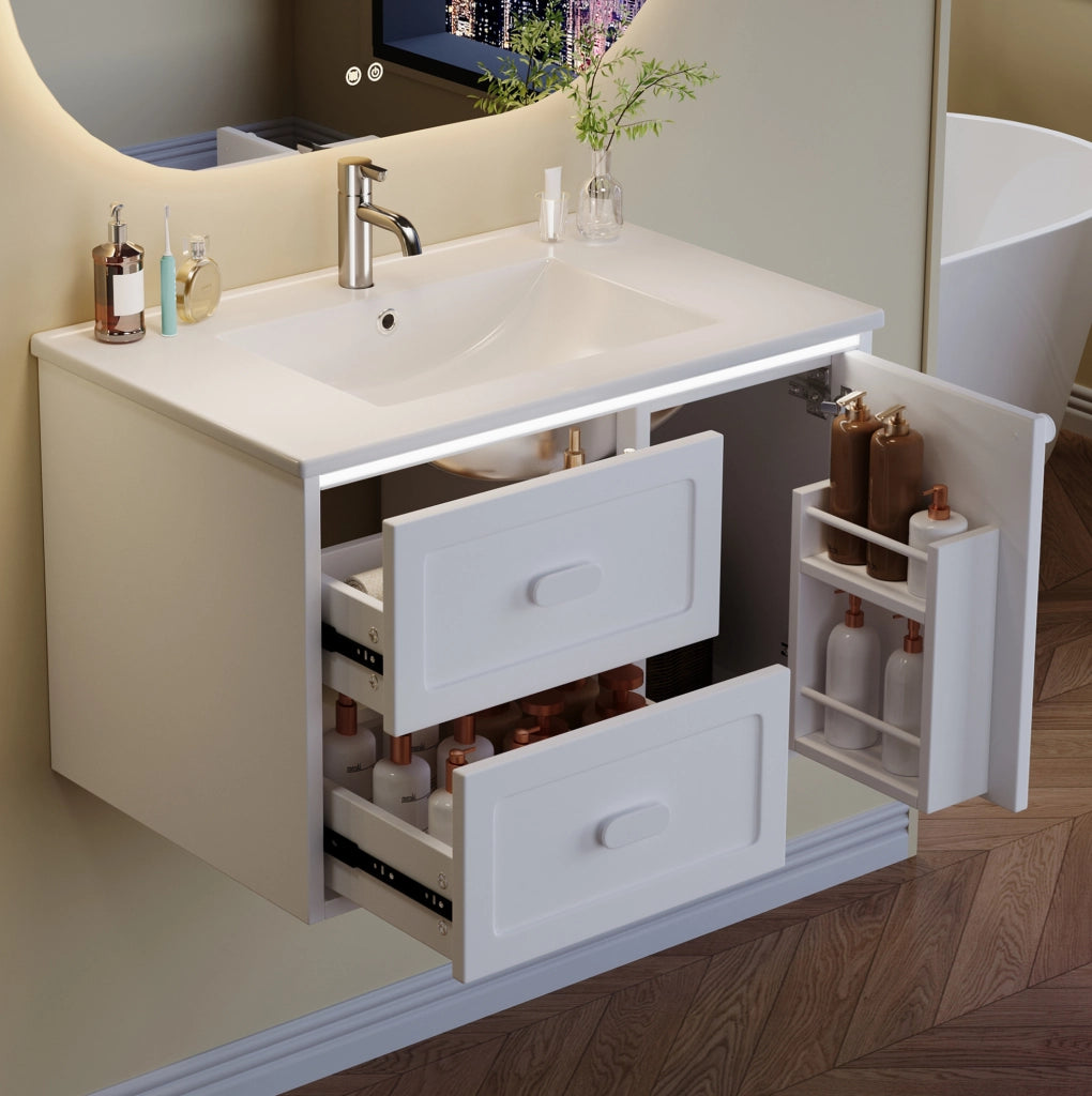 Mobile bagno sospeso bianco 76x46x51 cm con lavabo in ceramica integrato e illuminazione LED a sensore radar