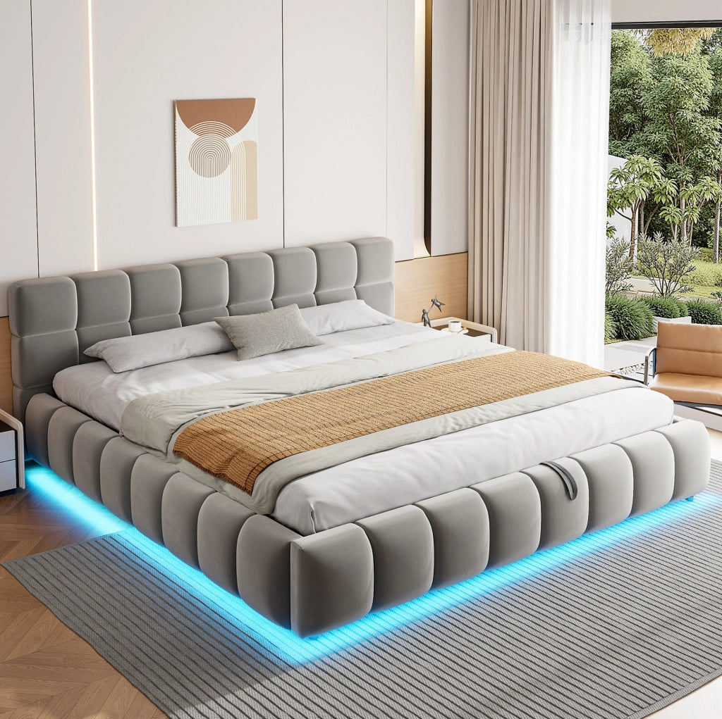 Letto imbottito 180x200 cm con illuminazione LED, contenitore idraulico e testiera in velluto grigio