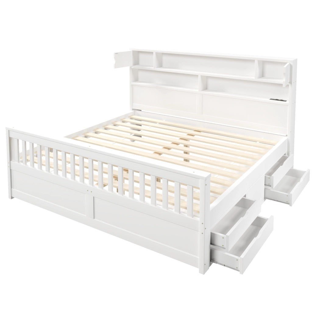 Letto 180 × 200 cm con testiera libreria LED e 4 cassetti; MDF e compensato; bianco