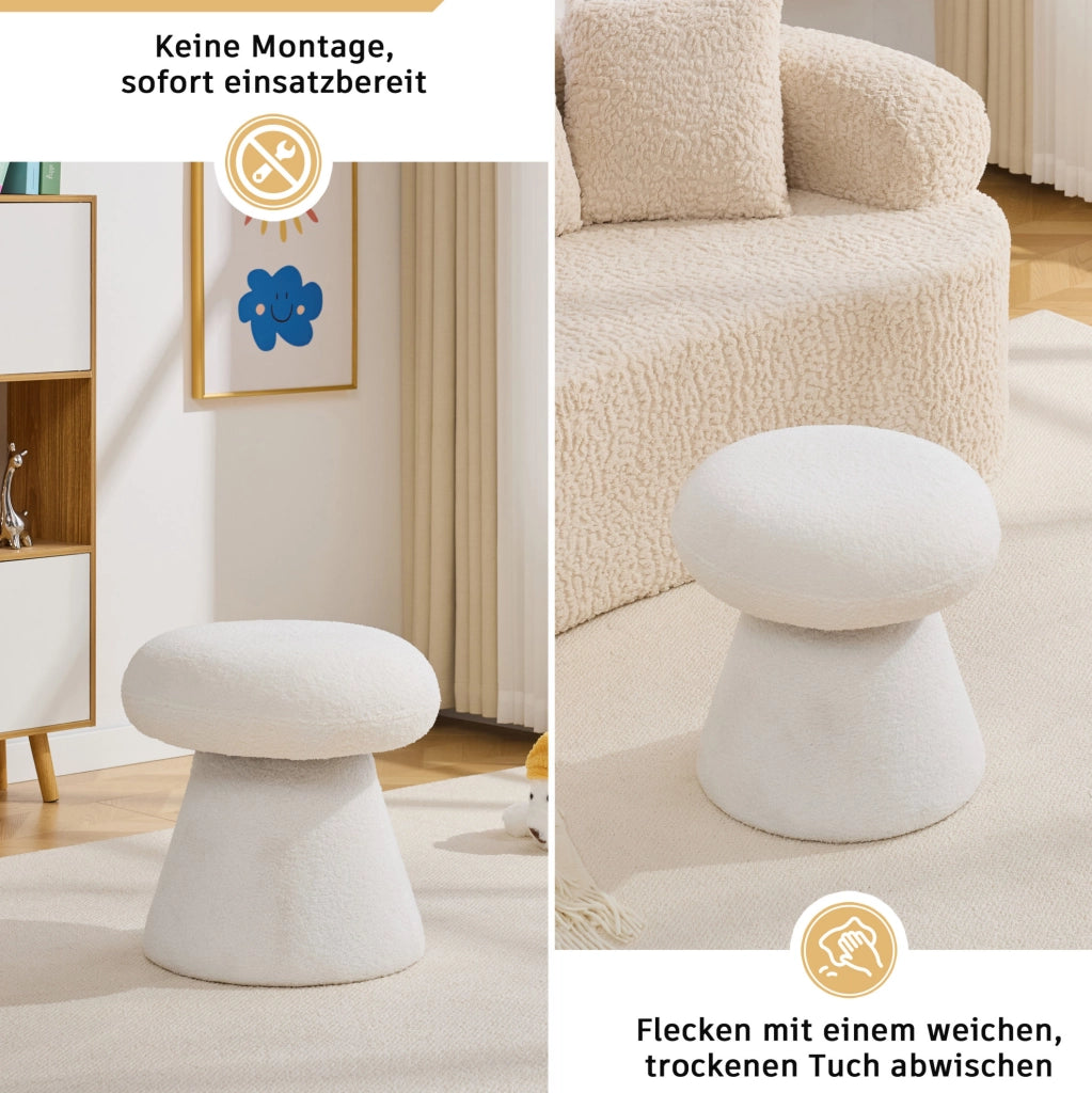 Sgabello girevole a fungo in tessuto effetto peluche bianco
