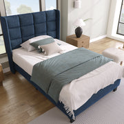 Letto Singolo Moderno con Testiera Imbottita, Rete a Doghe 90x200 cm, Tessuto Blu Lino, Montaggio Incluso, Senza Materasso