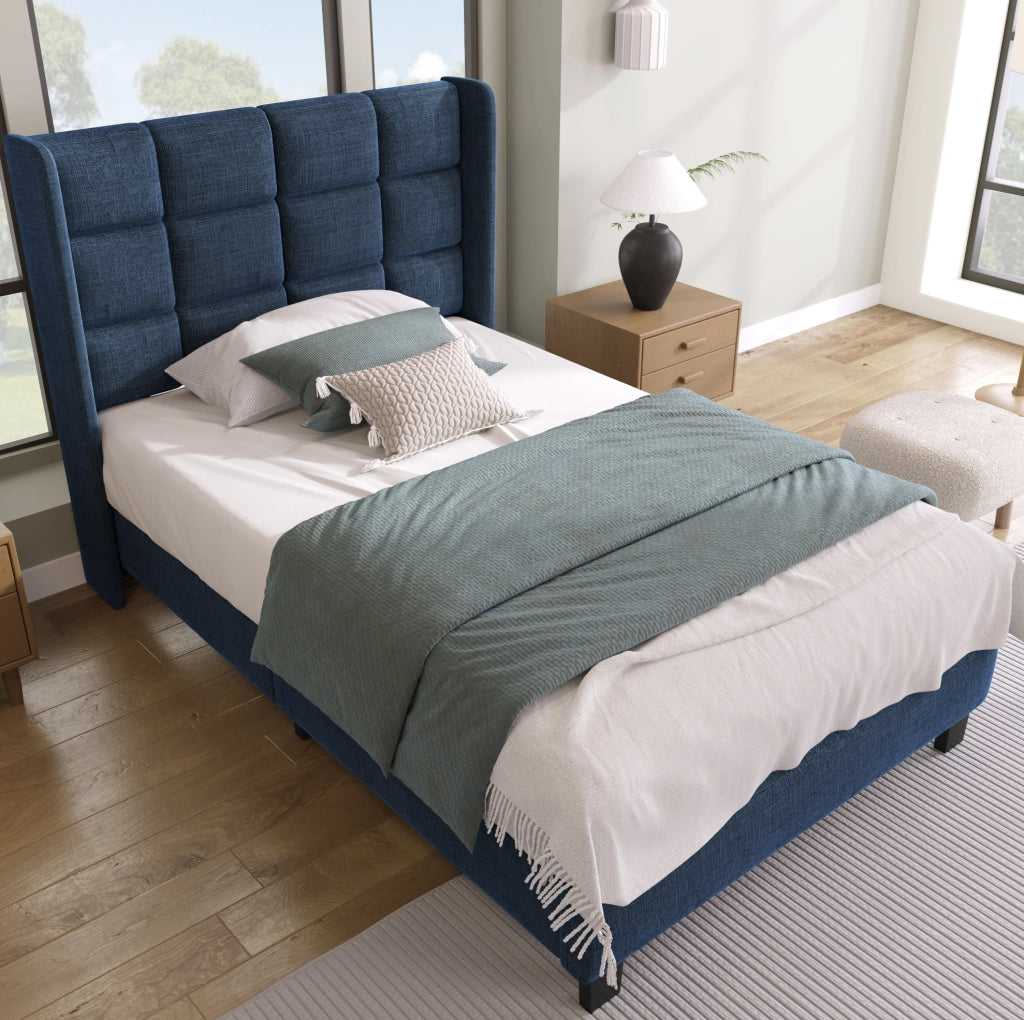 Letto Singolo Moderno con Testiera Imbottita, Rete a Doghe 90x200 cm, Tessuto Blu Lino, Montaggio Incluso, Senza Materasso