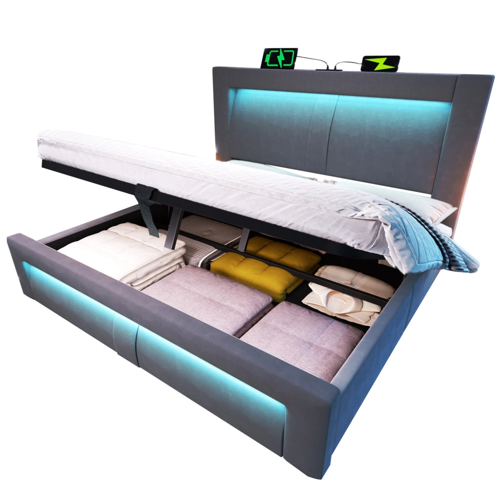 Letto matrimoniale 140x200 cm con contenitore; LED; USB e Type-C; velluto grigio