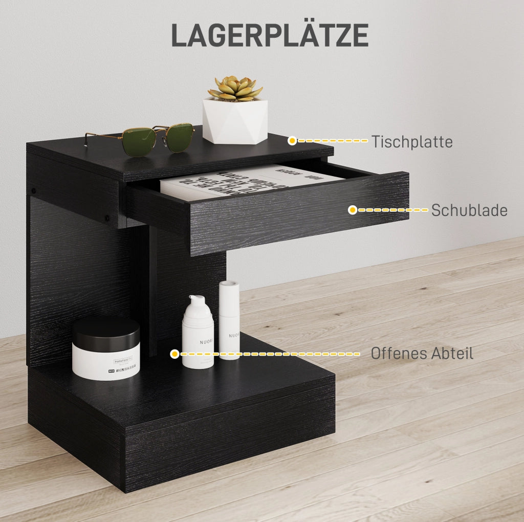 Comodino con cassetto e ripiano, nero, 40x30x46 cm, per camera e soggiorno