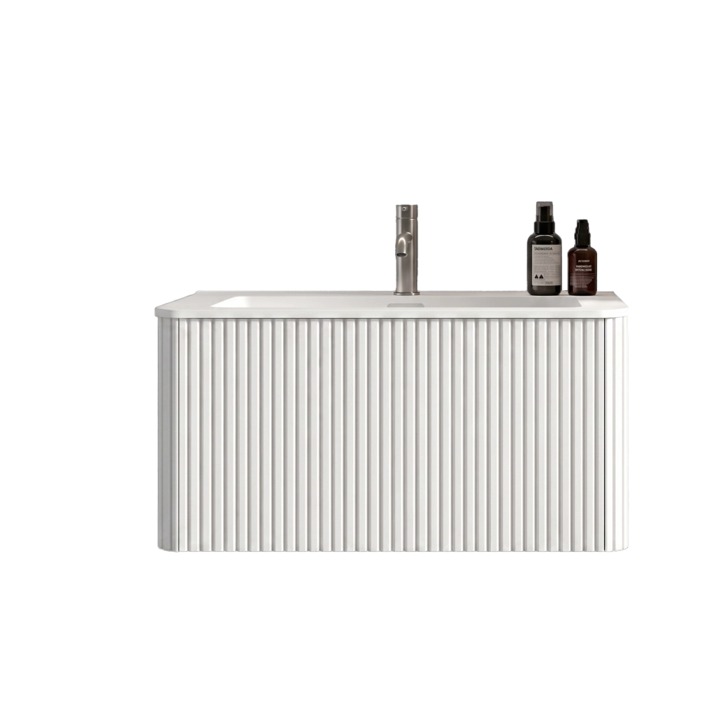 Mobile lavabo da bagno 80 cm con lavabo in solid surface cassetti push to open design scanalato bianco per bagni piccoli