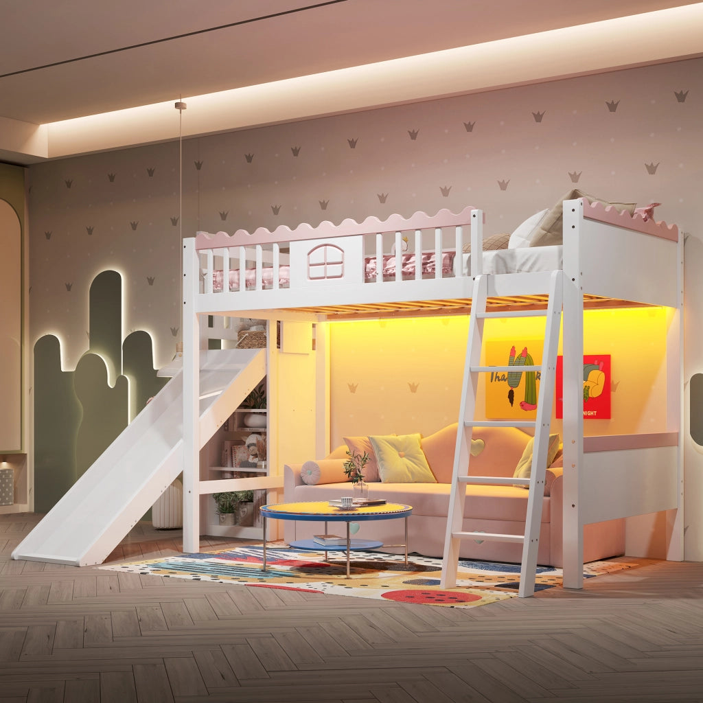 Letto a soppalco per bambini con scivolo; bianco 90x200 cm