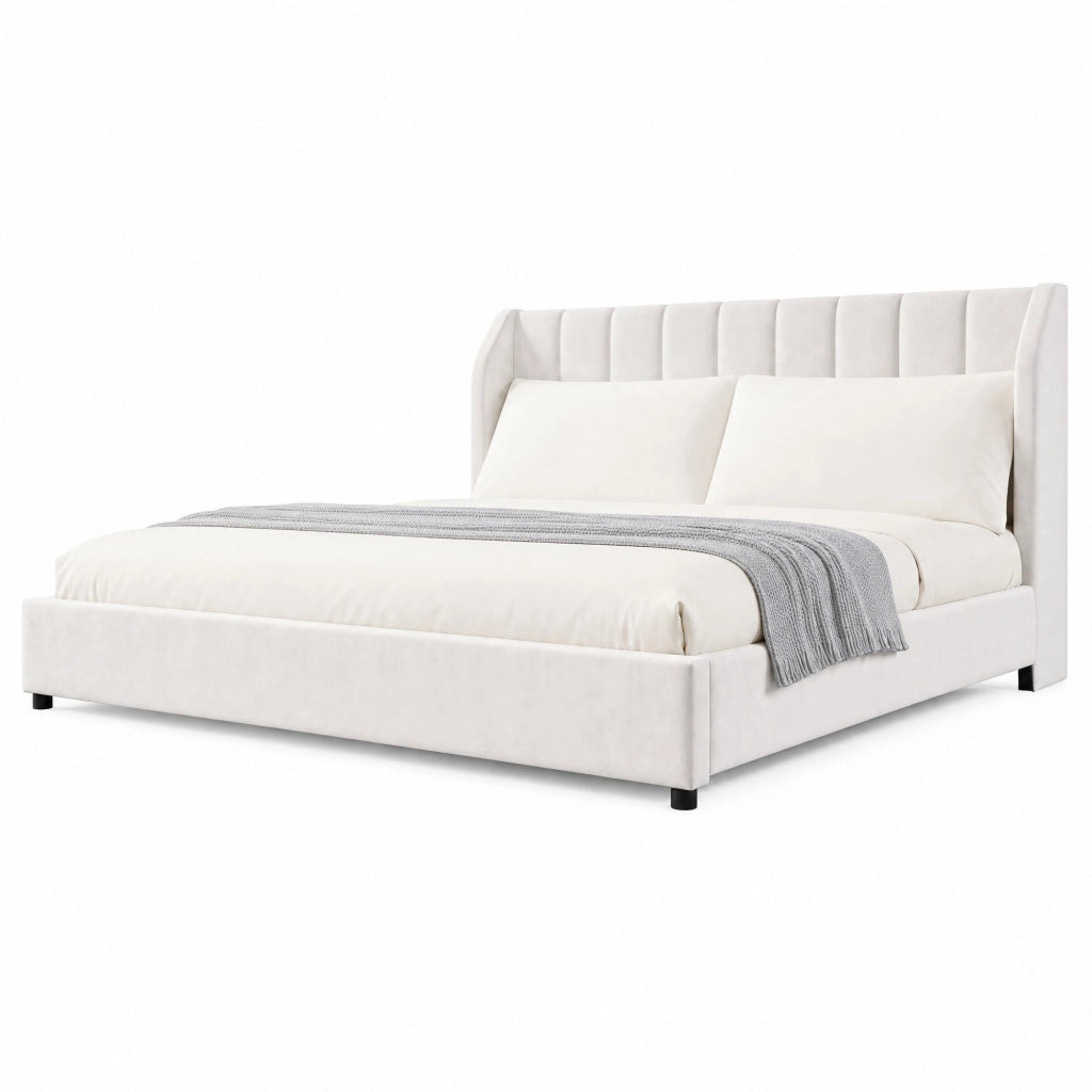 Letto imbottito beige 180 x 200 cm con rete a doghe e due cuscini