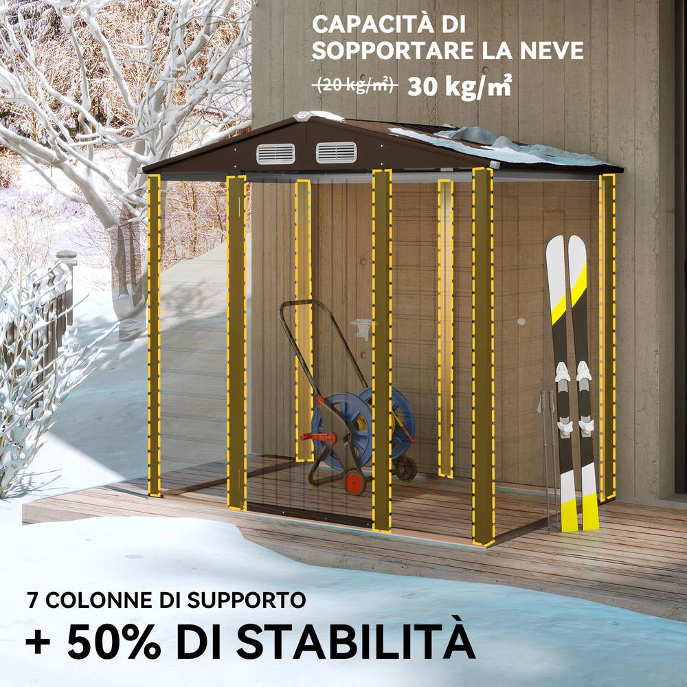 Casetta da Giardino Porta Attrezzi in Acciaio 1.9x1.3m Quercia con Prese d'Aria e Catenaccio Robusta per Esterno