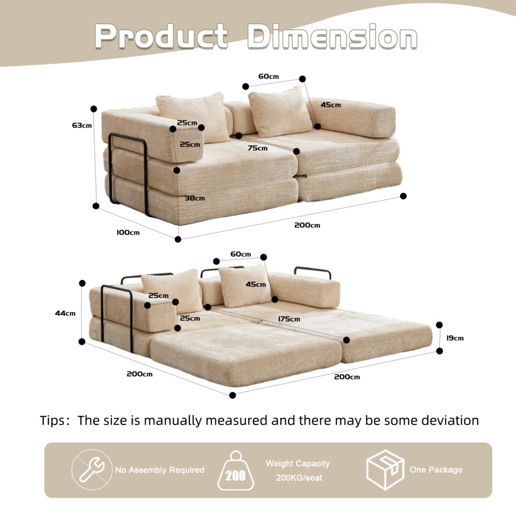 Divano letto pieghevole modulare in ciniglia beige