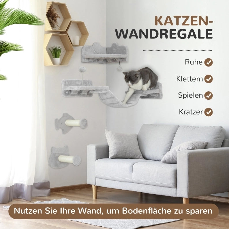 Set da parete per gatti 4 pezzi grigio chiaro sisal e peluche salvaspazio