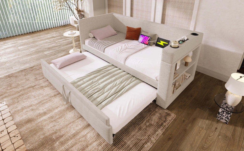 Divano letto singolo beige 90x190 cm con letto estraibile, braccioli con porte USB e Type-C, tessuto misto lino e cotone, senza materasso