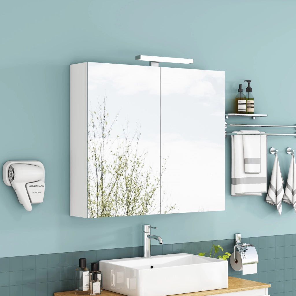 Mobile specchio bagno bianco 80 cm a 2 ante con LED e presa francese