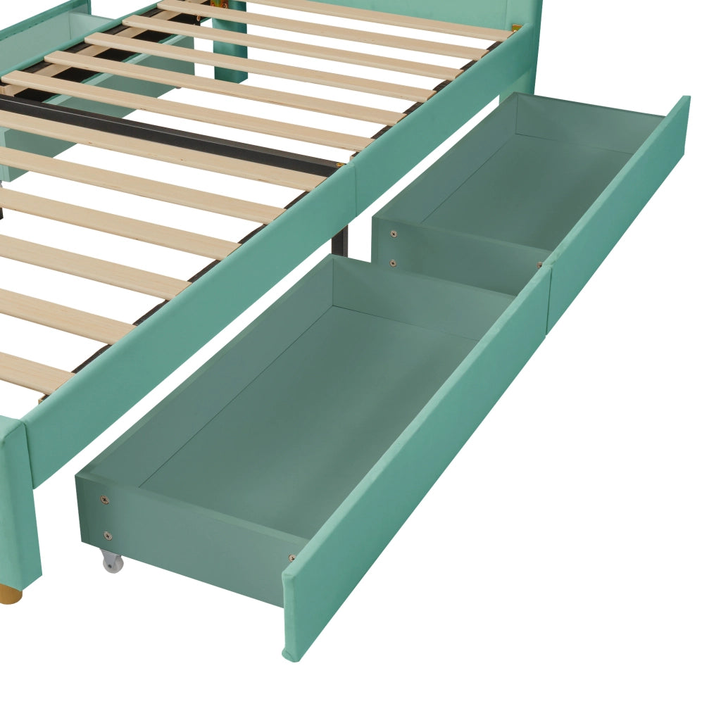Letto imbottito per bambini 90 x 200 cm blu-verde con 4 cassetti