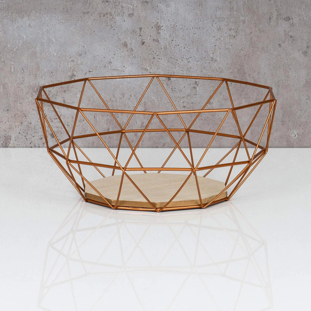 Ciotola decorativa in metallo e MDF, 26x12x26 cm, color rame e marrone, design moderno