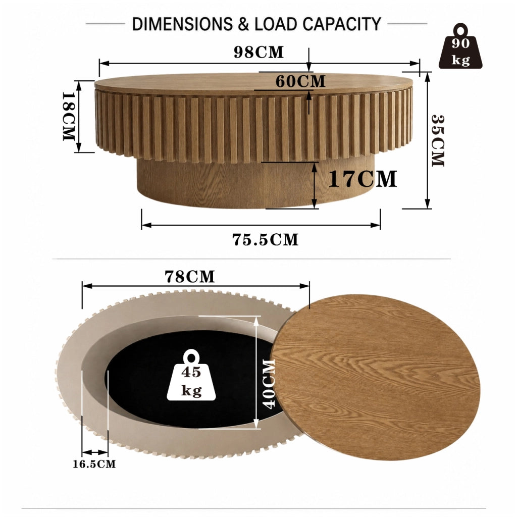 Tavolino da caffè ovale con vano contenitore in legno naturale 98x60x35 cm