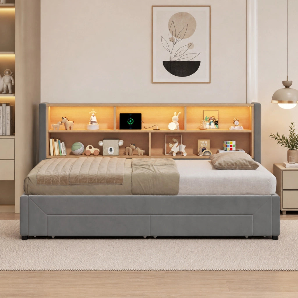 Letto singolo estraibile 90 × 200 cm estensibile a 180 × 200 cm con 2 cassetti USB Type-C LED velluto grigio