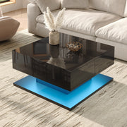 Tavolino da caffè 72x72x35 cm con piano sollevabile; LED app e 2 cassetti in MDF nero