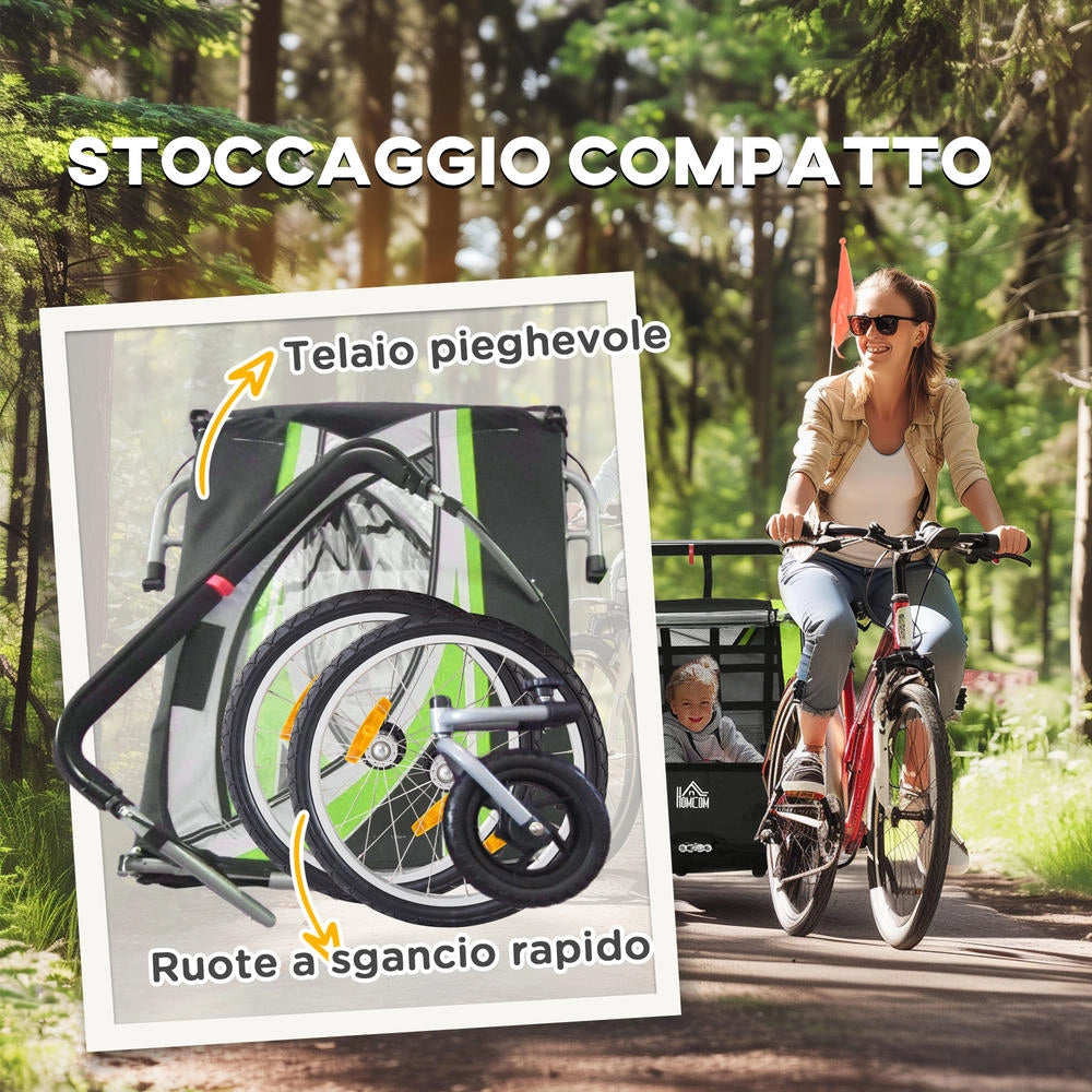 Rimorchio Bici e Passeggino per Bambini 2 in 1 con Cintura e Bandierina Verde Robusto e Facile da Usare