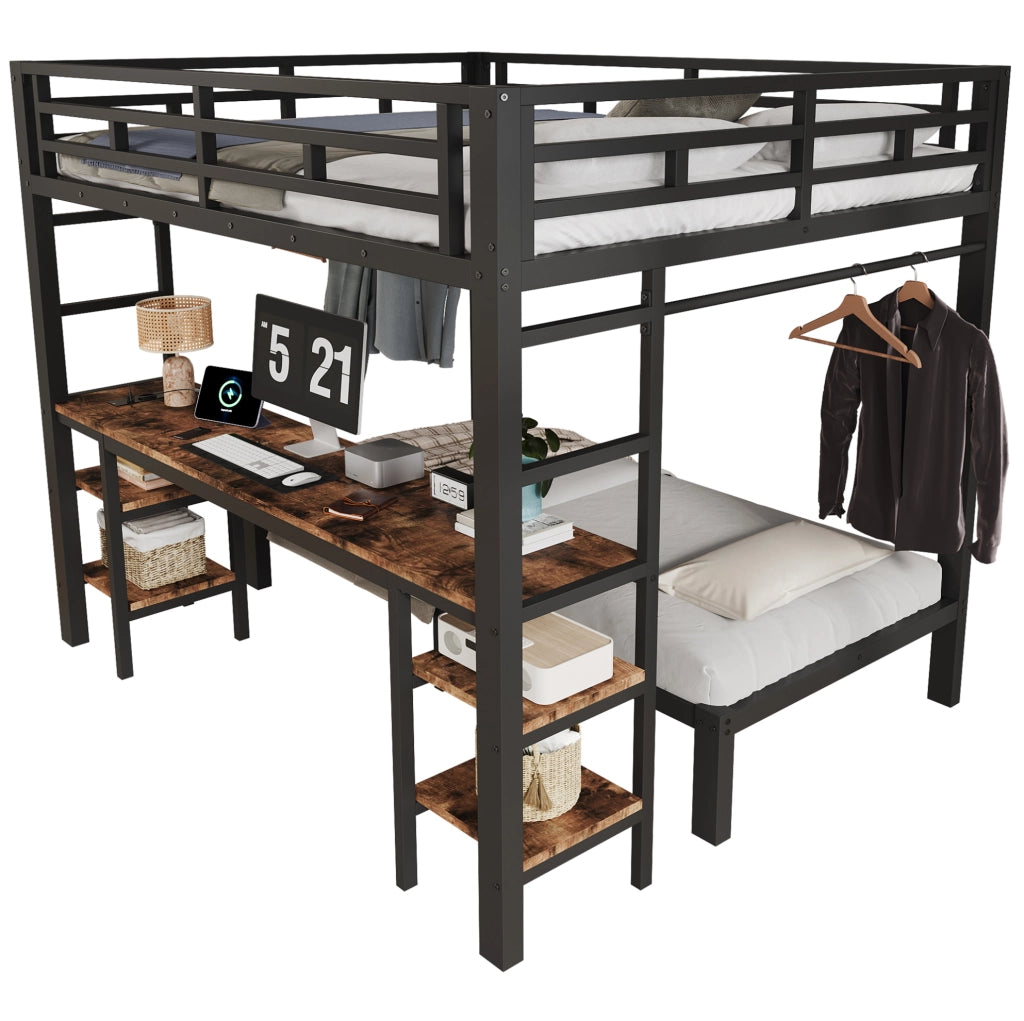 Letto a castello in metallo nero 140x200 cm + 90x200 cm con scrivania integrata, appendiabiti e doppia scala