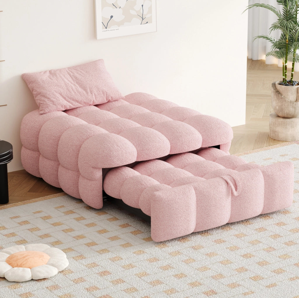 Letto singolo imbottito 2-in-1 con pouf estraibile, divano letto in bouclé rosa, 183x76x42 cm