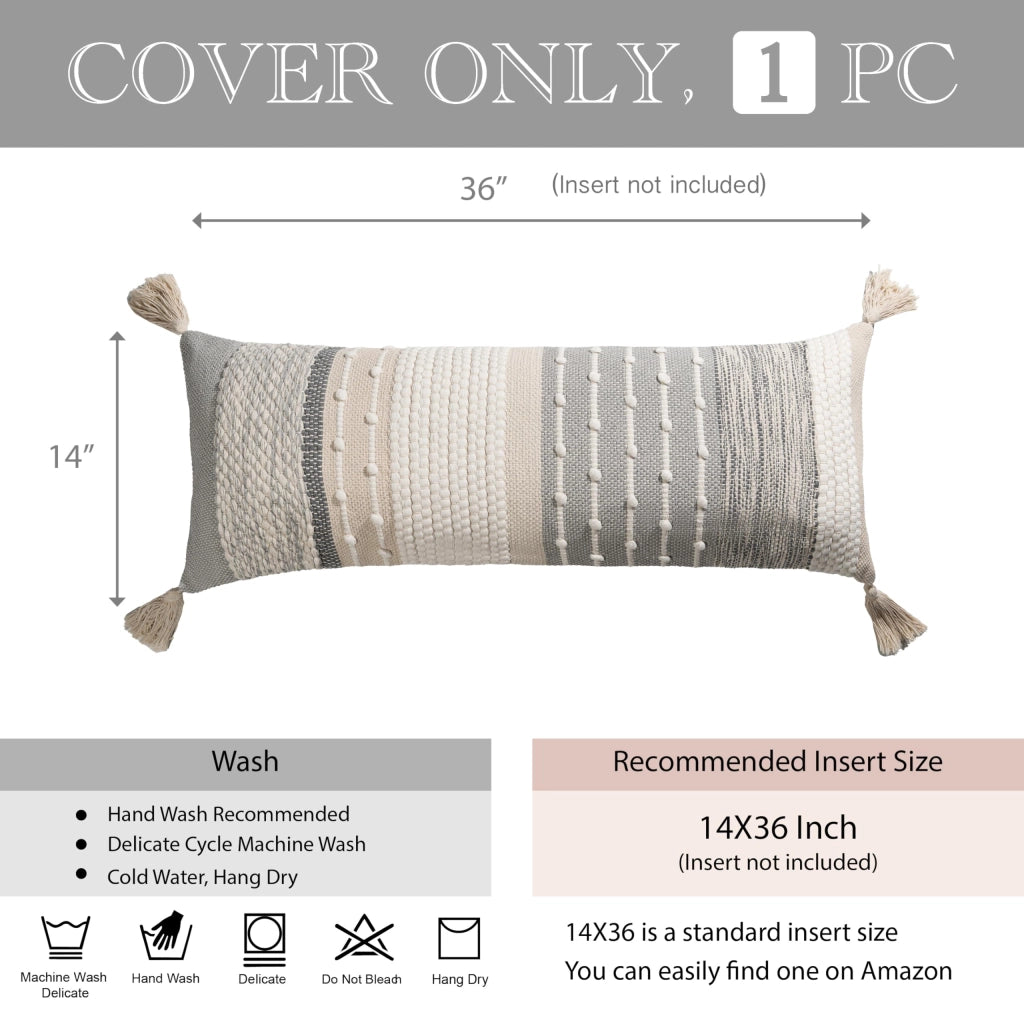 Copertura per cuscino lombare in stile boho, 14x36 cm, grigio e crema