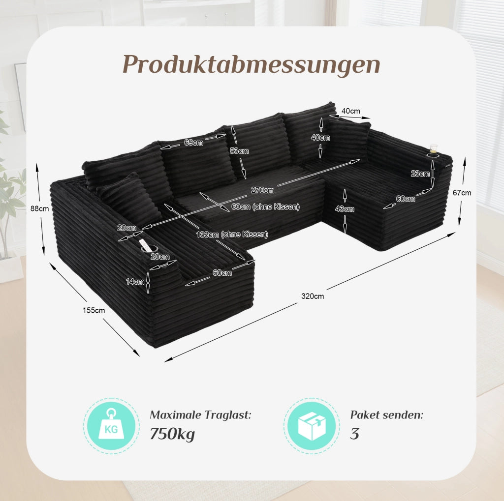 Divano modulare a U 320x155x88 cm in tessuto nero con portabicchieri