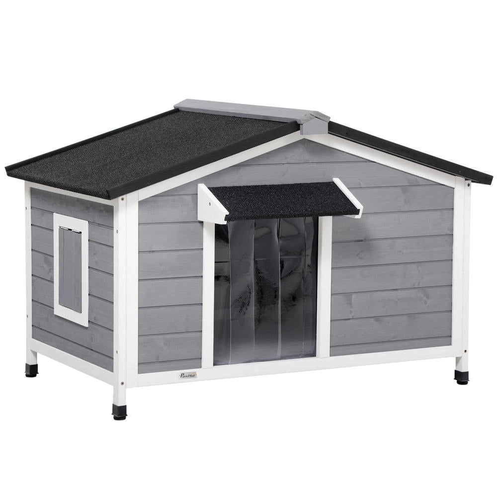 Cuccia per cani in legno di abete stile cottage con tetto bitumato apribile e 2 finestre, per giardino esterno, 109 x 79 x 72 cm, grigio
