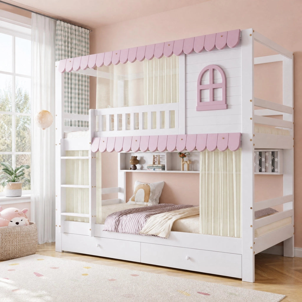 Letto a castello per bambini 90x200 cm con cassetti e ripiani in pino e MDF bianco e rosa