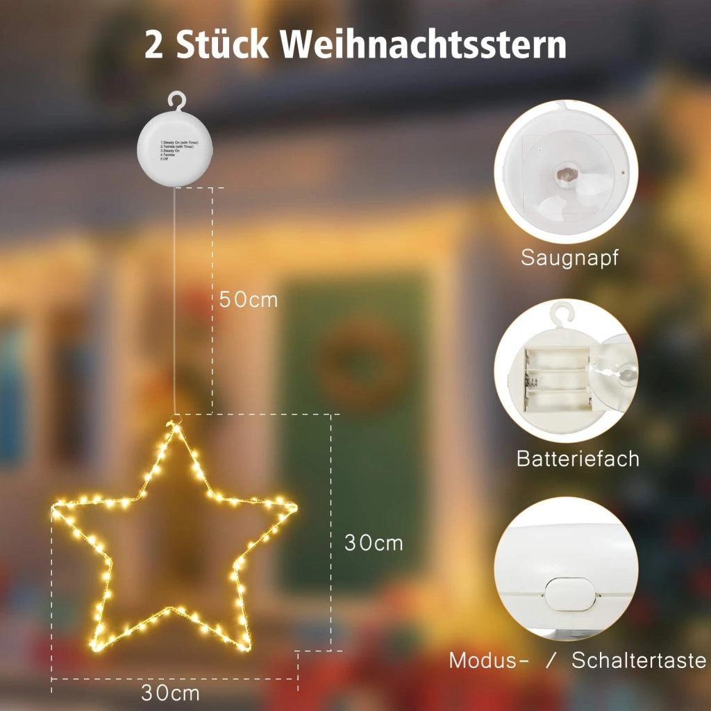 Set di 2 stelle a LED, 120 LED, luce bianco caldo, alimentate a batteria, con timer