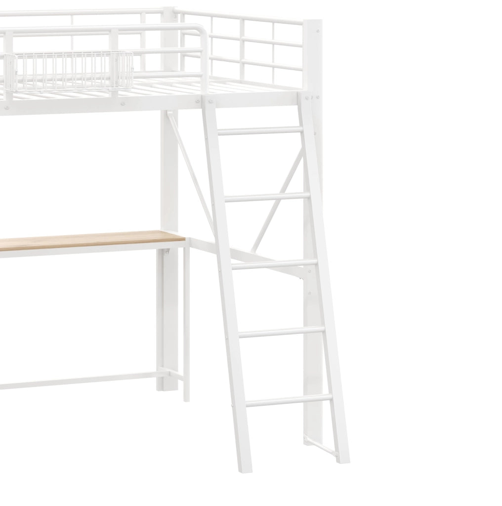 Letto a soppalco in metallo bianco 140x200 cm con scrivania integrata, scaffali, cesta portaoggetti, stazione di ricarica USB e illuminazione LED