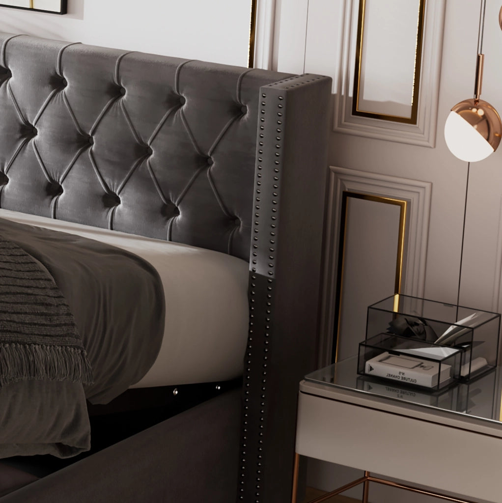 Letto matrimoniale grigio in flanella con testiera capitonnè e contenitore idraulico 140x190 cm
