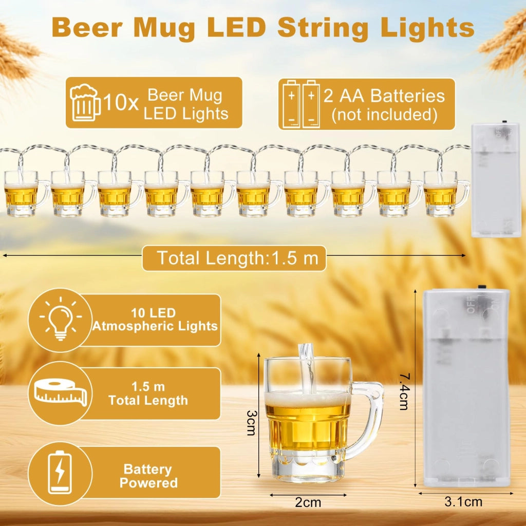Catena luminosa a LED per bicchieri, lunghezza 1,5 metri, 10 LED, luce bianco caldo