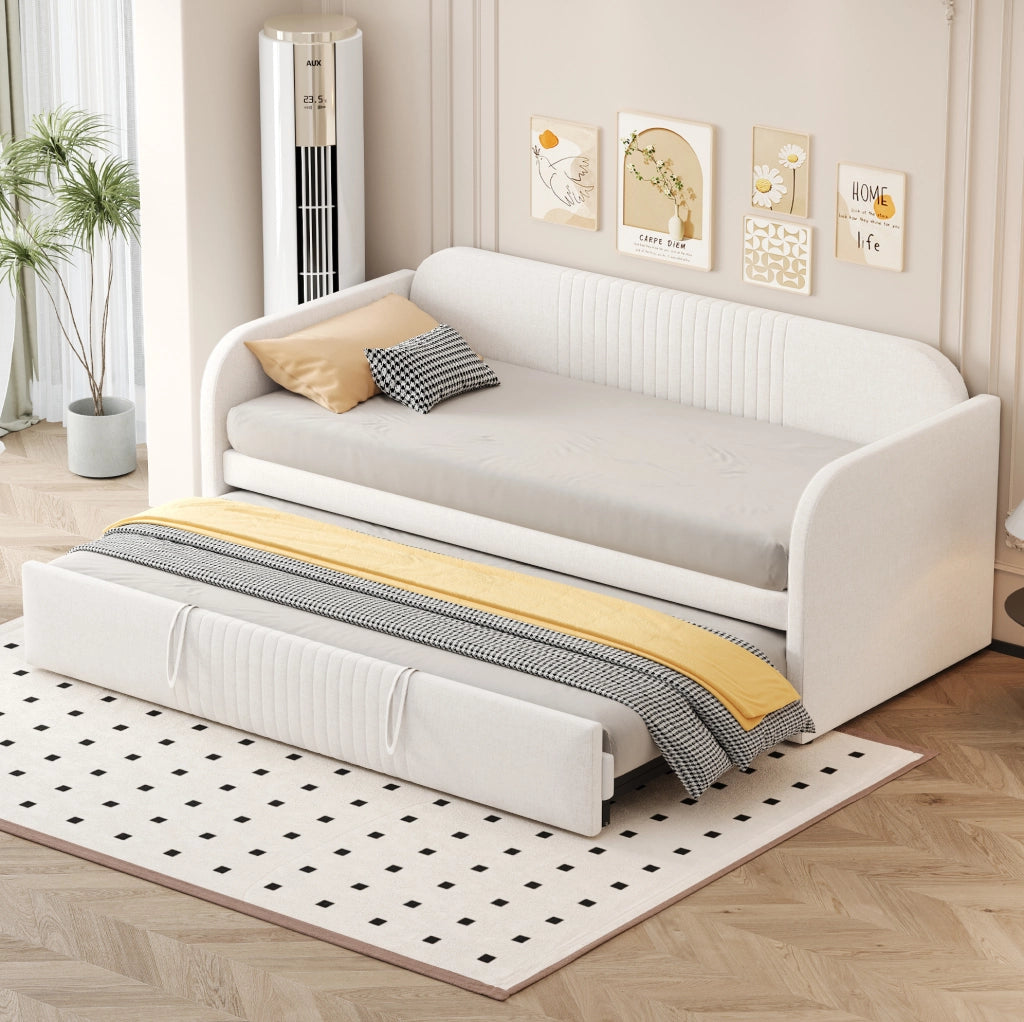 Divano letto imbottito estensibile 90/180 x 190 cm in lino beige, con rete a doghe