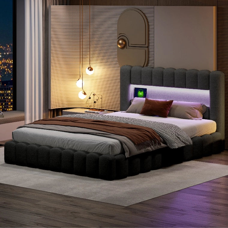 Letto Contenitore Matrimoniale 160x200 cm; Letto imbottito con LED e USB; Letto idraulico con Rete a doghe e Testiera con Contenitore; Lino Grigio