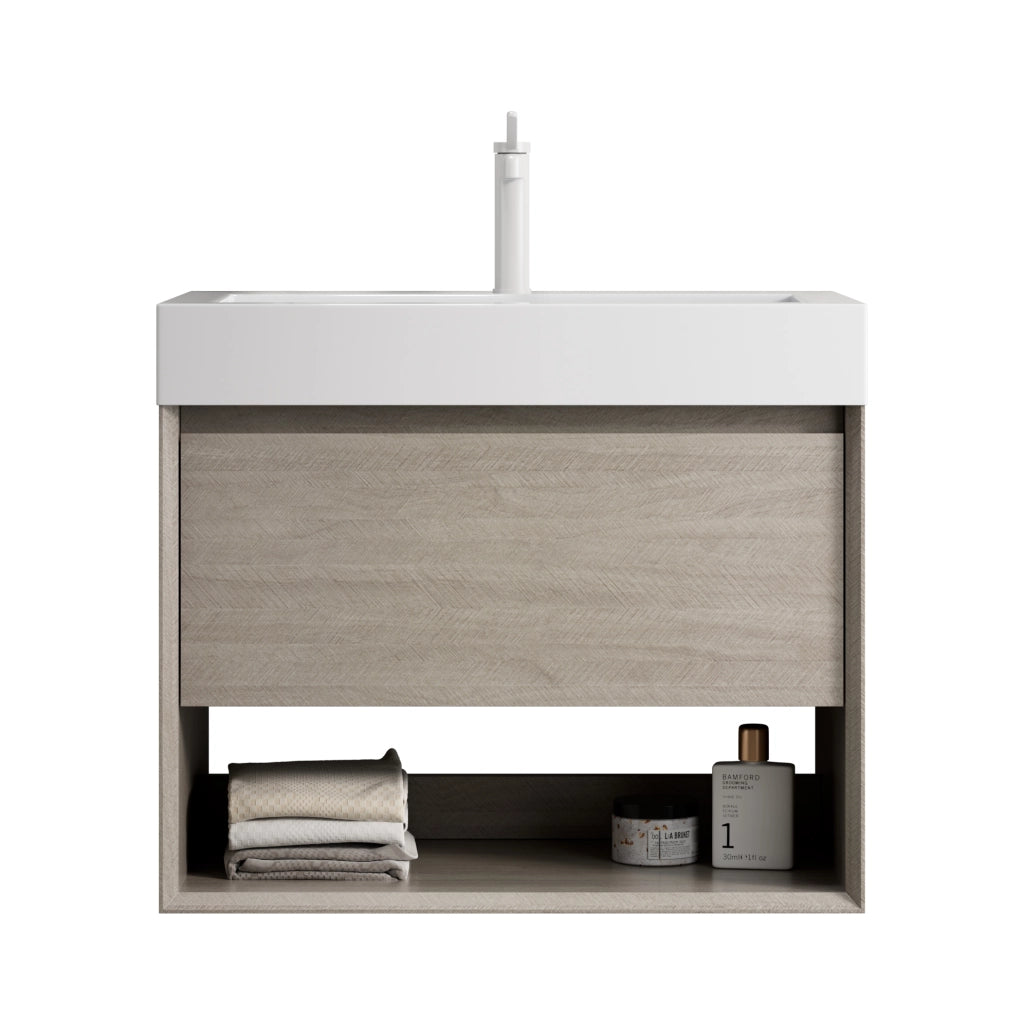 Mobile bagno con lavabo integrato in resina cassetto e ripiano aperto rovere chiaro bianco premontato