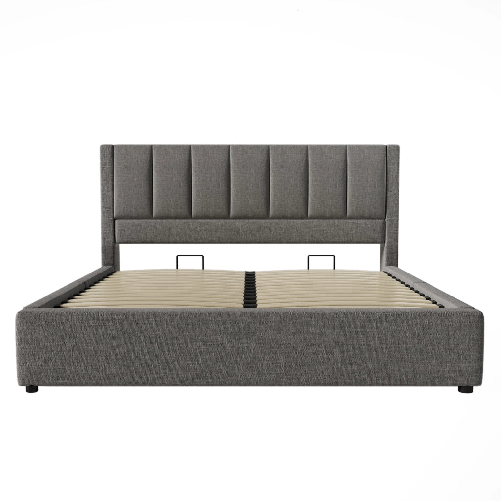 Letto matrimoniale contenitore 160x200 cm in lino grigio con rete e materasso inclusi